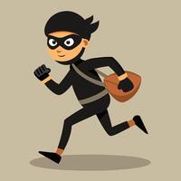 thief in black mask running with bag vector