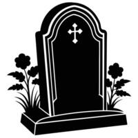 a black and white silhouette of a grave with flowers vector