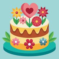 a cake with flowers and hearts on top vector