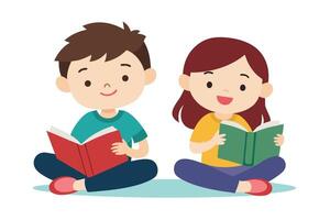 two children sitting on the floor reading books vector