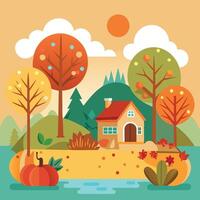 autumn landscape with house, trees and pumpkins vector