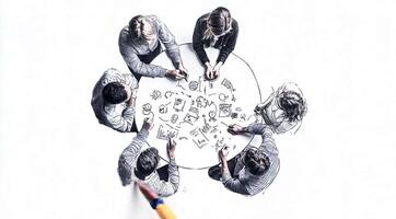 Top View of Team Collaborating on Business Scheme at Office Table, Hand-Drawn Style Animation video