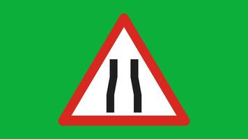 Road narrows traffic sign. Set of warning road signs informs narrowing of the road on left, right and both sides. video