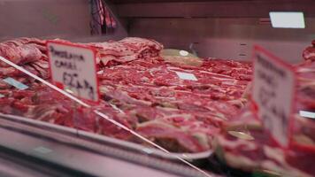 Fresh raw lamb meat with price tags on the showcase in the store. video