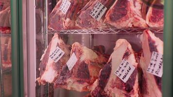 Dry aging cabinet with beef meat in cold storage. video