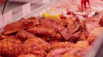 Pieces of smoked beef and pork with bacon are tied with rope for sale. video