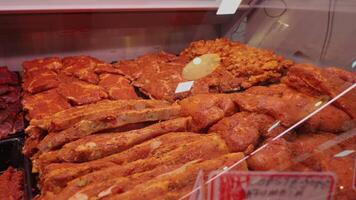 Marinated slices of beef and lamb meat for grill and barbecue. video
