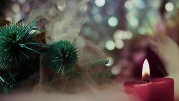 Green Flowers and Candle Light in Smoke Atmosphere and Bokeh Lights in Background video