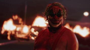 Scary clown making silence gesture in front of fire video