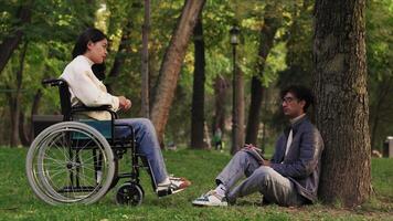 Young curly man with a copybook sitting under a tree in a city park and discussing some questions with a disabled young woman in a wheelchair video