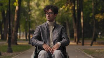 Young disabled man sitting in a wheelchair and looking at the camera while standing on a path in a city park during a pleasant walk with trees as a backdrop video