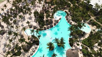 Aerial view of bright sunny day illuminates the tropical beach of a luxurious resort with white sands. Palm trees sway gently by the Caribbean Sea and refreshing pool in Punta Cana, Dominican Republic video