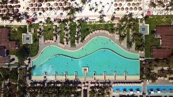 Top down aerial view of pool on grounds of a luxury hotel in tropics. Palm trees video