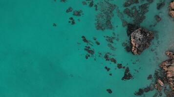 Top aerial view of the rocky shore and the clear blue-turquoise water washing the coast of the Dominican Republic in the rays of the setting sun. The sandy bottom is visible. video