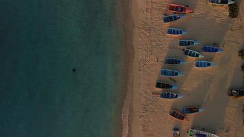 Top view of the harbor with colorful fishing boats standing on the ocean shore. A beach near Puerto Plata on the Dominican Island. Sunset on the beach with numerous boats. The stingray is swimming video