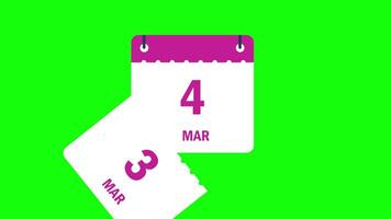 Calendar march months date change dropping page animation green screen background 4k video