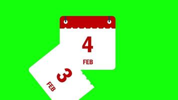 Calendar february months date change dropping page animation green screen background 4k video