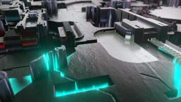 Moving under Futuristic sci-fi metal glowing light wall, 3D rendering. Abstract technology background. video