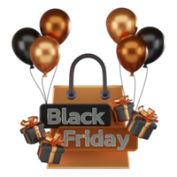 3d Renderização do dourado balões e papel bolsas em Preto sexta-feira, festivo ícones para feriado marketing. png