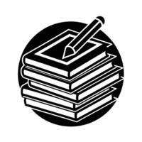 a black and white illustration of a stack of books with a pencil vector