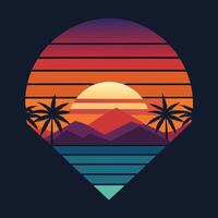 the sun is setting over the mountains and palm trees vector