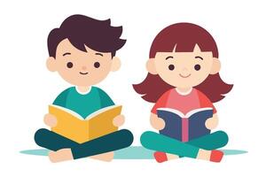 cute boy and girl are relaxing and enjoying reading. vector