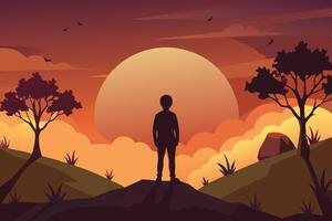 a man standing on a hill at sunset vector