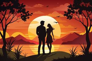 silhouette of a couple standing in front of a sunset vector