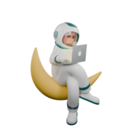 3D Male Space Character. A male astronaut sits on a large crescent moon while operating a laptop on his lap. Astronaut Professional png