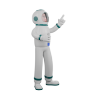 Professional Astronaut 3D Art. A male astronaut stands while pointing upwards with his right hand and holding a tool in his left hand. Male Space Engineer Character png
