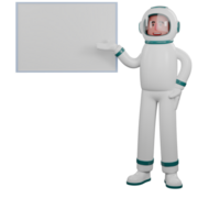3D Cartoon Space Specialist. A male astronaut stands next to a presentation board while pointing at the board with his left hand while his right hand is on his waist. Space Research Scene png