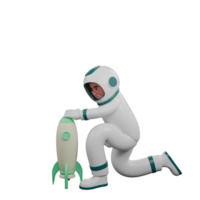 Astronaut's Daily Routine in 3D. A male astronaut kneels behind a small rocket while holding the tip of the rocket in his left hand. Male Cartoon png
