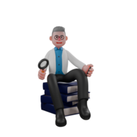 Male Physicist in Lab Setting. A male physicist sits on a pile of books while holding a magnifying glass in his left hand and holding a pen in his right hand. 3D Character png
