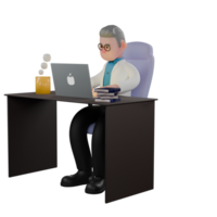 3D Cartoon Physicist Character. A male physicist sits behind a desk with both hands operating a laptop. Quantum Mechanics Model png