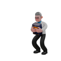 3D Male Physicist Character . A male physicist is bending over while hugging 4 books with both hands. Science Professional png