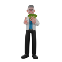 Professional Physicist Character in 3D. A male physicist is standing while carrying some money arranged like a folding tip while his right hand is sticking out a thumb. Male png