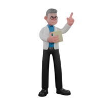 Professional Physicist 3D Art. A male physicist stands holding a notebook in his left hand and pointing upwards with his right hand. Male Geophysicist Character png