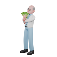 Male Science Professional in 3D. A male scientist is standing with both hands wrapped around his body while carrying several bundles of money arranged like a folding fan. Scientist Cartoon png