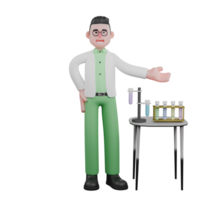 3D Professional Biologist Character. A male biologist stands next to a table containing laboratory equipment with a hand gesture pointing to a graph. Male Conservationist png