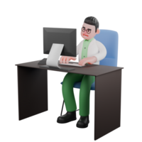 3D Cartoon Biologist Character. A male biologist is sitting at a desk with both hands operating a computer. Wildlife Research Model png