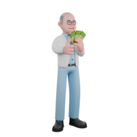 Professional Scientist Character in 3D. A male scientist is standing while carrying several bundles of money arranged like a folding fan in front of his chest and while holding his thumb up. Male png