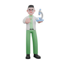 Male Biologist in Nature. A male biologist stands holding a microscope in his right hand while his left hand points at the microscope. 3D Wildlife Observation Scene png