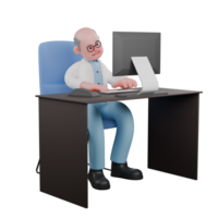 3D Illustrated of a Male Professional Scientist. A male scientist is typing on a keyboard and sitting on his desk chair with a monitor screen above him. Science png