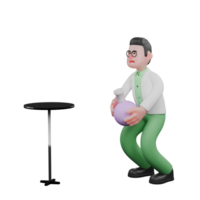 3D Male Biologist Character. A male biologist is seen hesitating to carry a measuring flask that will be placed on a round table in front of him. Ecology Professional png