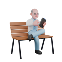 Male Scientist in Science 3D. A male scientist is sitting on a park bench while operating a tablet. Professional Character png