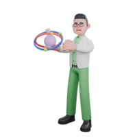 3D Model of Male Biologist. A male biologist stands holding an interactive model of the structure of an atom, showing the orbits of electrons around the nucleus of an atom. Ecology Character png