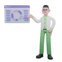 3D Cartoon Field Scientist. A male biologist stands next to a presentation board about analytical data results with a hand gesture pointing to a graph. Ecology Research Scene png