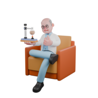 Professional 3D Science. A male scientist sits on a couch holding an experimental device, complete with a Bunsen burner and a flask ready to use. Male png