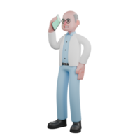 3D Male Scientist Working. A male scientist is standing facing left while holding a mobile phone in one hand while the other is on his waist. Chemical Analysis Cartoon png