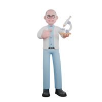 Male Scientist in Innovative Action. A male scientist standing holding a microscope in his right hand and his left hand pointing to the microscope. 3D Research Scene png